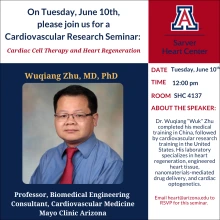 [Flyer for Sarver Heart Center Research Seminar with Mayo's Dr. Wuquiang Zhu, 6.10.25]
