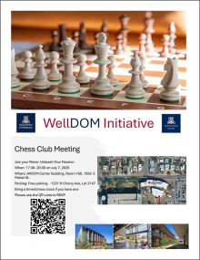 [Image of flyer for WellDOM Initiative Chess Club Meeting, July 7, 2025, 5:30-8:30 p.m., at the Andrew Weil Center for Integrative Medicine]