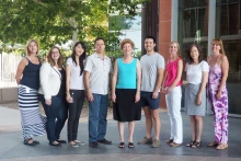 [Janet Funk, MD’s turmeric and rheumatoid arthritis research team in 2015 (and where they are now): L-R, staffer Susan Whitman (Immunobiology); grad student Laura Hopkins (C-Path Institute); grad student Julia Cheng (PhD at Caris Life Sciences); professor Dean Billheimer, PhD (director, U of A Stat Lab); Dr. Funk; grad student Andrew Kunihiro (PhD with AstraZeneca); assistant professor Allison Hopkins (Texas A&M), professor H.H. “Sherry” Chow, MD (retired), and lab manager Jen Frye (Immunobiology).]